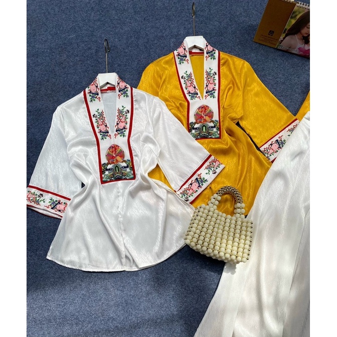 Sét bộ lam pháp phục tay lỡ viền hoa văn dễ thương - free size dưới 54kg