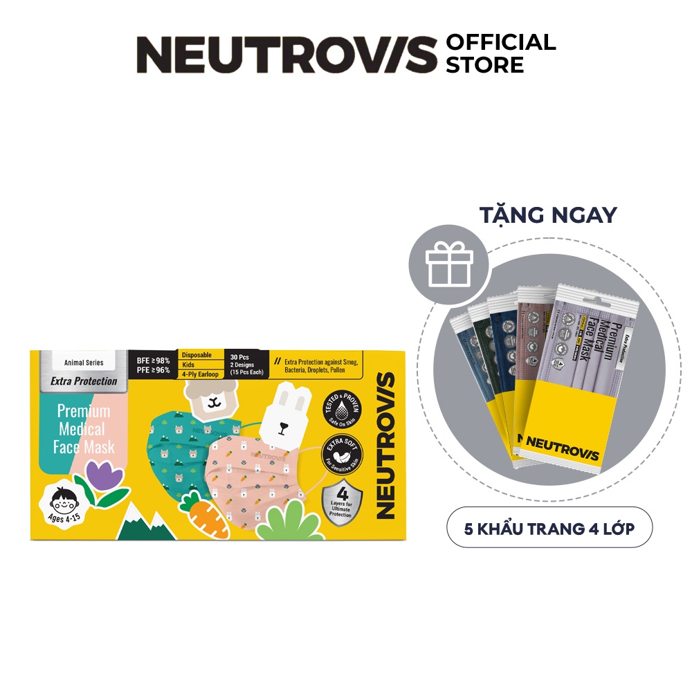 Khẩu Trang Y Tế Cao Cấp Neutrovis Trẻ Em 4 Lớp (30 Cái/Hộp) - Thỏ & Lạc Đà
