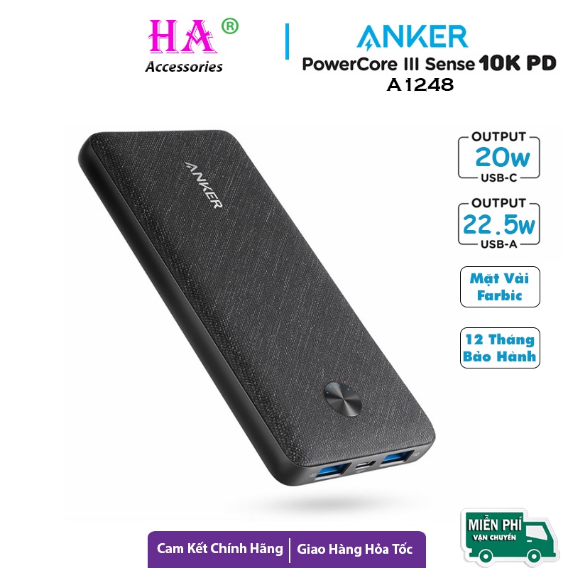 Pin Dự Phòng Anker PowerCore Slim 10000mAh A1248 , 1 USB-C 20w , 2 USB-A 22.5w