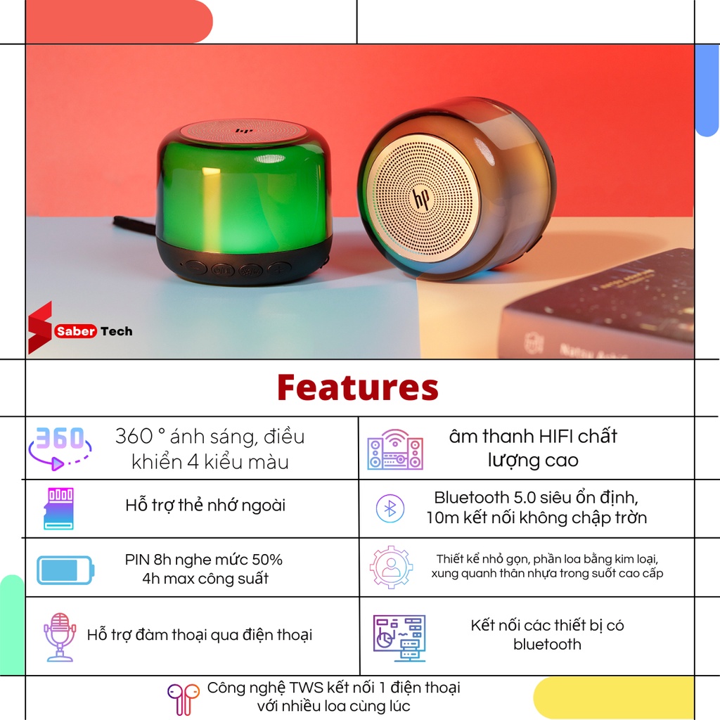 Loa bluetooth mini đèn LED RGB 360 độ, kết nối không dây HP S02, âm thanh HIFI, trong trẻo bass mạnh pin trâu thẻ nhớ