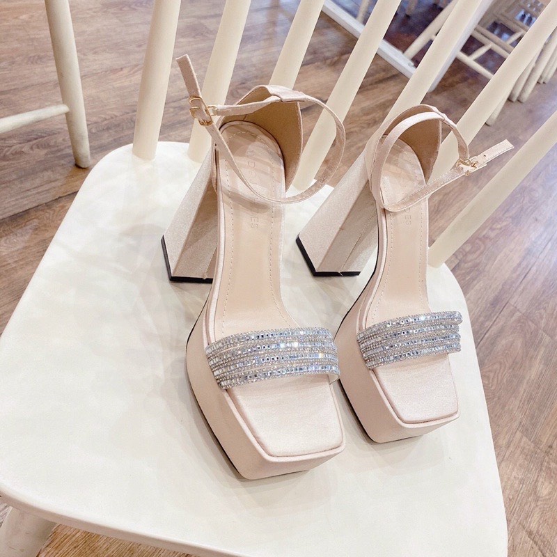 Giầy sandal nữ quai ngang full đá chất liệu da lì,gót trụ cao 14cm siêu đẹp