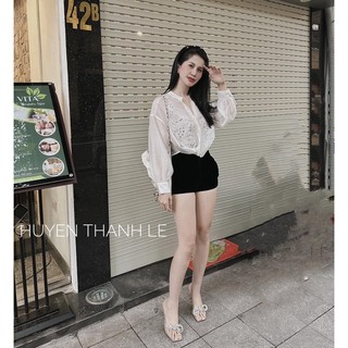 Áo sơ mi thô xoắn eo hoạ tiết