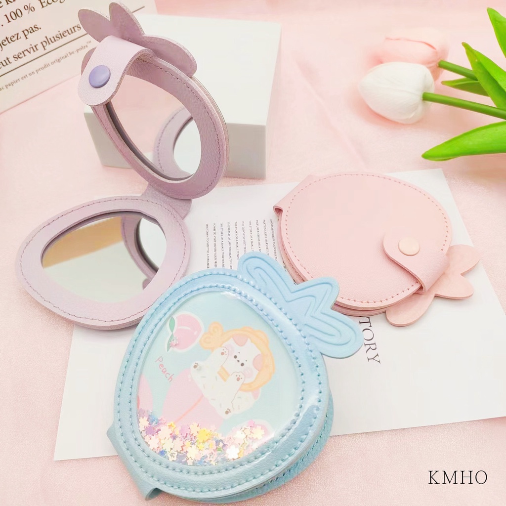 KMHO có thể gập lại Mini trang điểm gương sáng tạo cầm tay gấp PU vẻ đẹp gương sinh viên dễ thương phim hoạt hình gương