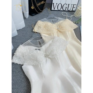 Váy tat ta đáp ngực vải in hoa nổi cổ lưới sang chảnh tiểu thư thiết kế thời trang mới