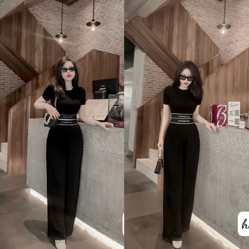 Sét cotton dẻo áo croptop + quần suông cạp chữ (kèm ảnh thật)