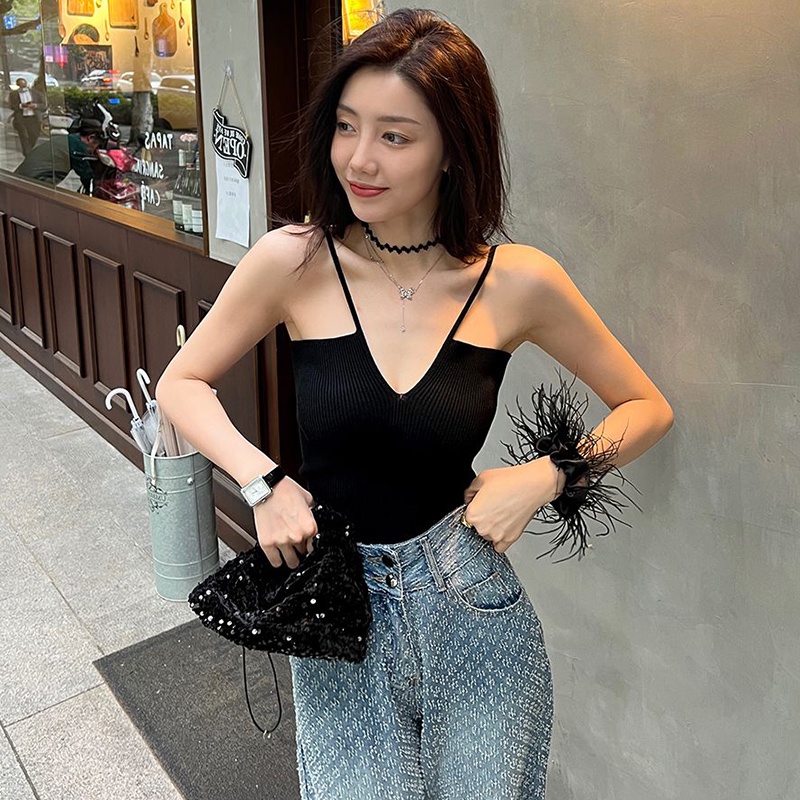 Áo Hai Dây Mỏng Cổ Chữ V Có Đệm Ngực Thời Trang Mùa Hè Quyến Rũ Cho Nữ