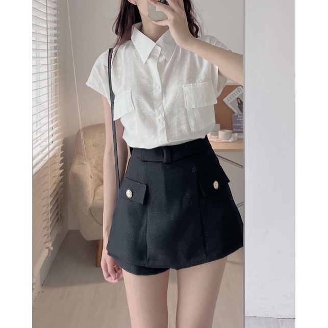 [S238] Set Áo Sơmi Đũi Trắng Mix Quần Váy Cá Tính Có Ảnh Thật