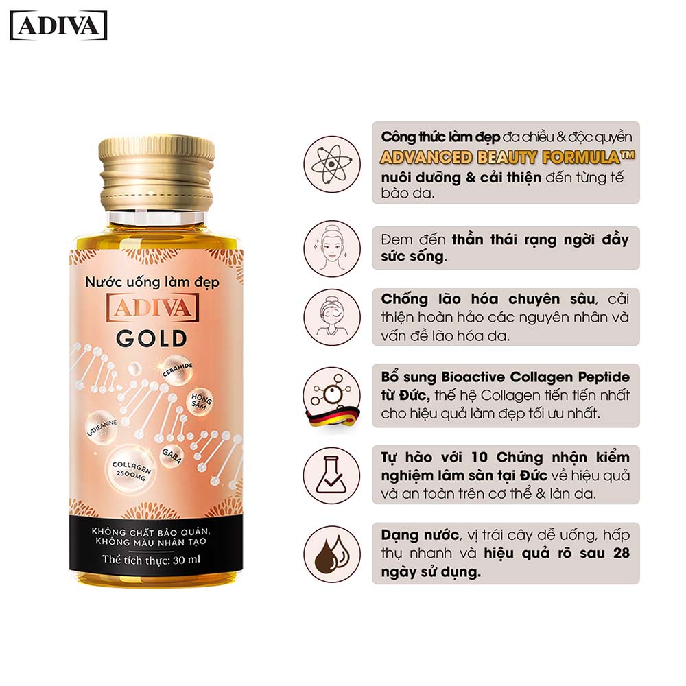 Combo 2 Hộp Nước Uống Làm Đẹp Collagen ADIVA Gold (14 Chai/Hộp)- Giúp Làn Da Căng Mịn, Giảm Nếp Nhăn Và Chống Lão Hóa