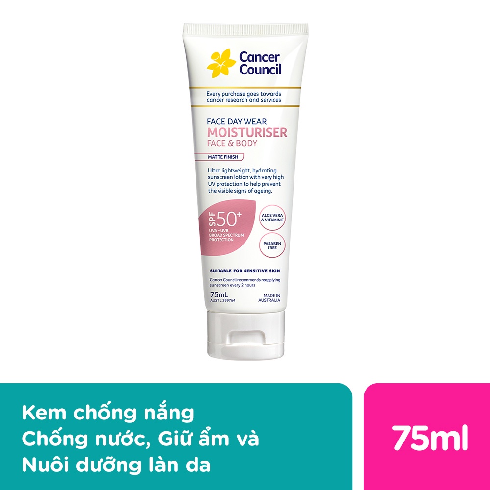 Kem Chống Nắng Cancer Council Face Day Moisturizer Dưỡng Ẩm Dành Cho Da Mặt SPF50+ 75ml