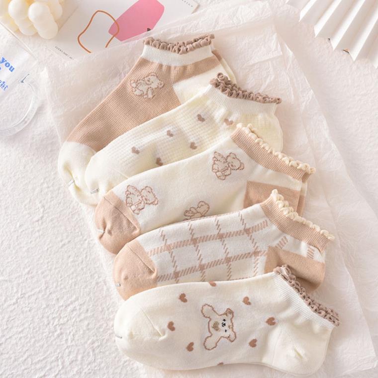 Set 10 tất vớ cổ ngắn nữ hình gấu kem cổ nhúm phong cách hàn quốc cao cấp