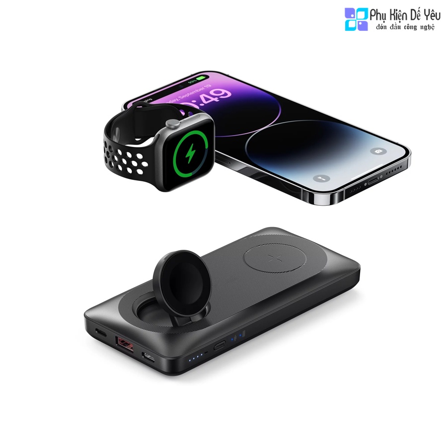 Pin sạc dự phòng không dây Mazer MagAir14 DUO Mag.S.a.f.e 15W + Sạc A,p.p.le Watch - 10.000mAh
