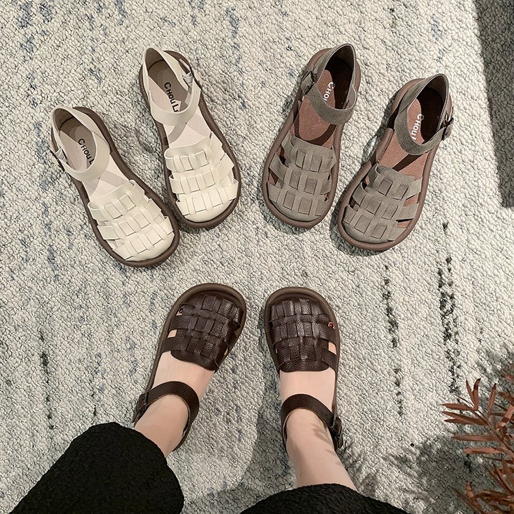 Sandal Da PU Đế Bằng Thời Trang Mùa Hè 2023 Phong Cách Roman