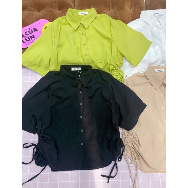 Áo sơ mi croptop nữ rút dây 2 bên có túi dáng rộng phong cách hàn quốc