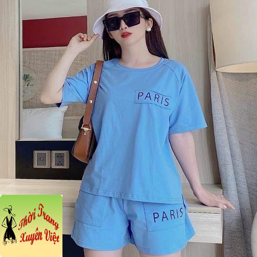 Set quần đùi túi đắp PARIS áo tay lập lăng đực làm từ vải thun 4 chiều tại xưởng ko qua trung gian freesize 45- 60kg