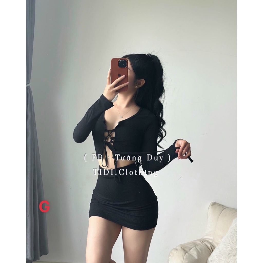 Set bộ nữ áo kiểu tay dài phối dây buộc dáng ngắn mix chân váy ôm body ngắn chất thun gân xinh xắn