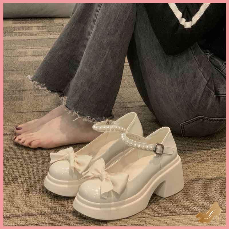 Giày Mary Jane đế dày nơ ngọc trai