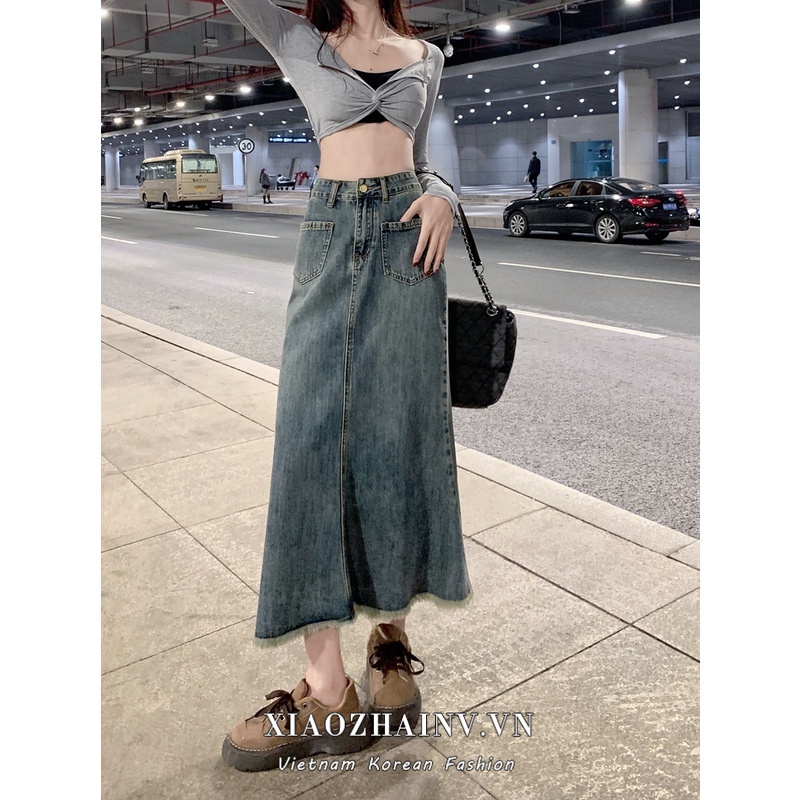 Chân Váy Đuôi Cá Lưng Cao Chất Liệu denim Màu Xanh Dương Cho Nữ