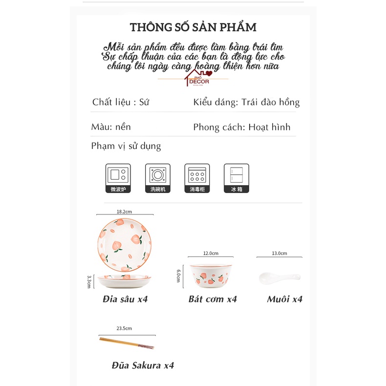 Bộ Bát Đĩa Phố Decor Hoạ Tiết Đào Dễ Thương Chất Liệu Sứ Cao Cấp