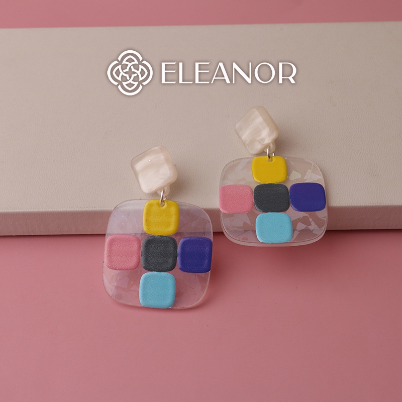 Bông tai nữ chuôi bạc 925 Eleanor Accessories họa tiết ô vuông nhiều màu sắc phụ kiện trang sức trẻ trung 5531