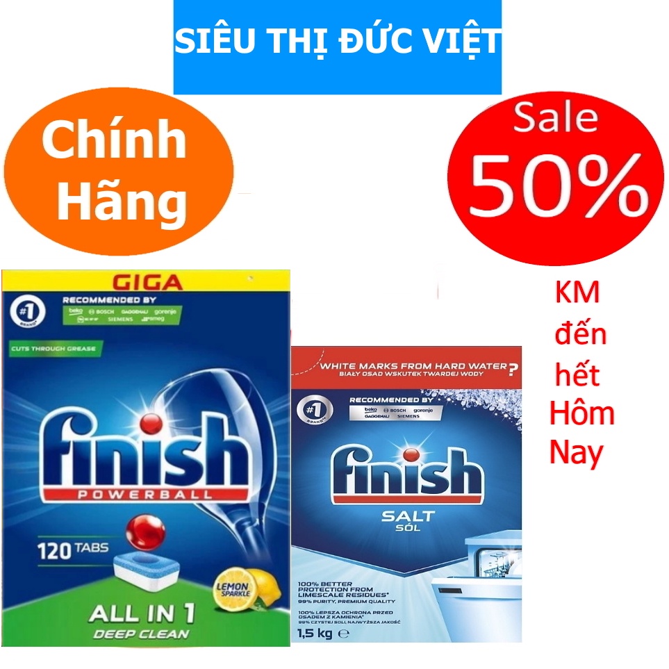 Viên rửa bát finish 120 viên + muối finish 1,5kg dùng cho máy rửa bát - HANOIMART, combo viên finish + muối rửa chén