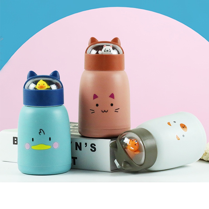 (SG) Bình Nước Lõi Thủy Tinh Bọc Nhựa Mini 360Ml In Họa Tiết Hoạt Hình Nắp Thú Dễ Thương Nhỏ Gọn Tiện Dụng