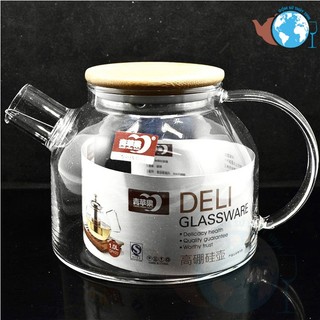 Ấm pha trà chịụ nhiệt tốt, bình thủy tinh rót nước 1 lít có quai cầm thủy tinh nắp đậy gỗ cao cấp