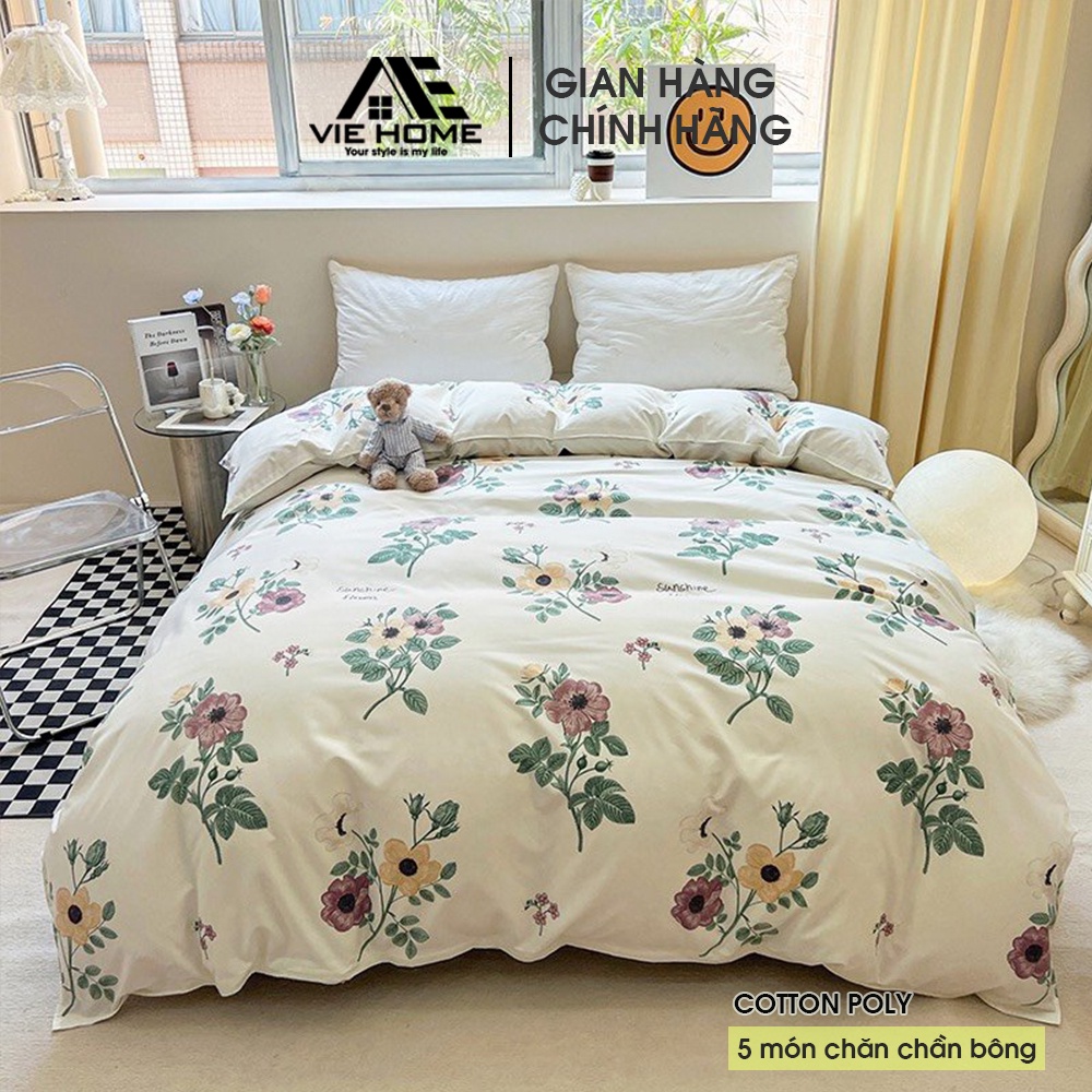 Bộ chăn ga gối cotton poly VIE HOME set 5 món chần bông, Drap nệm nhiêu kích thước miễn phí may bo chun M4 M6 M8