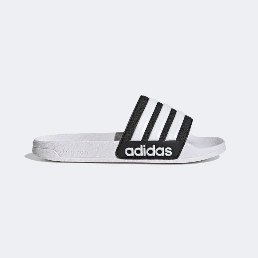 Dép chính hãng Adidas Adilette Shower unisex màu trắng quai ngang đen sọc trắng logo trắng