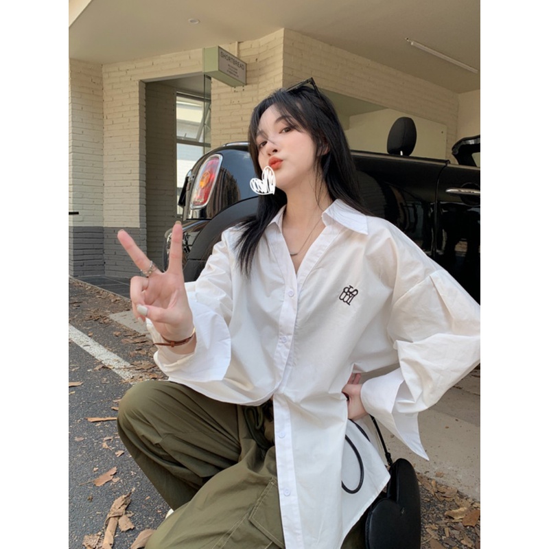 Áo Sơ Mi Trắng Tay Dài Cổ Polo Dáng Rộng Màu Trơn Thời Trang Kiểu Pháp Dành Cho Bạn Nữ