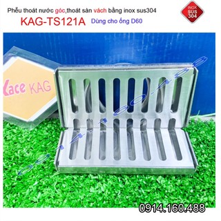 Phễu thoát nước ngang D60 inox 304 KAG-TS121A, Ga thoát sàn vào vách hành lang ban công góc tường thiết kế đẹp tiện dụng