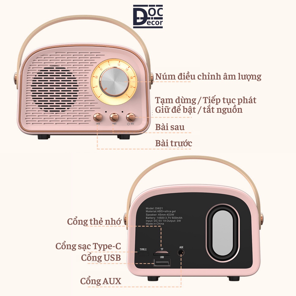 Loa Bluetooth mini DW21 Vintage Retro âm thanh 3D, Decor phòng ngủ, Quà tặng