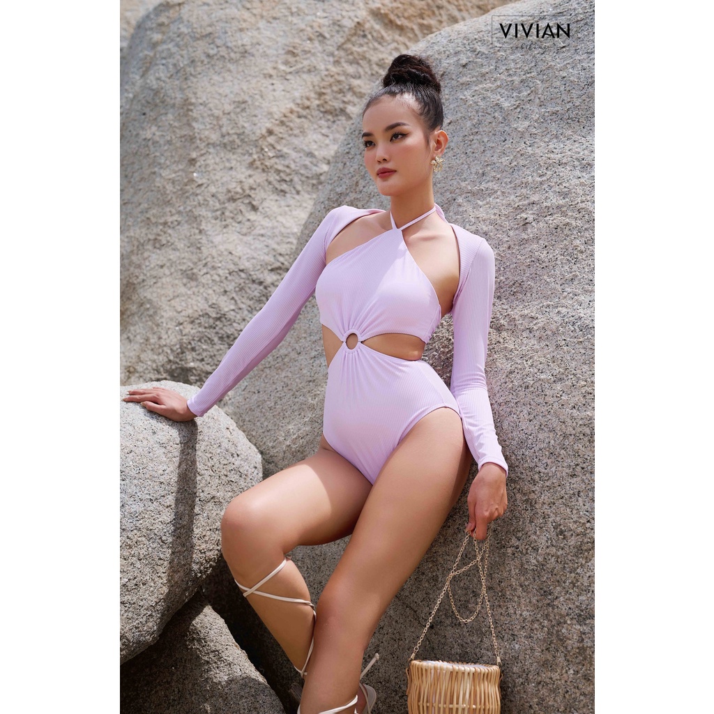 Đồ bơi nữ cao cấp 𝐕𝐈𝐕𝐈𝐀𝐍 dạng một mảnh yếm phối áo tay dài cover - màu Tím - VS187_PP