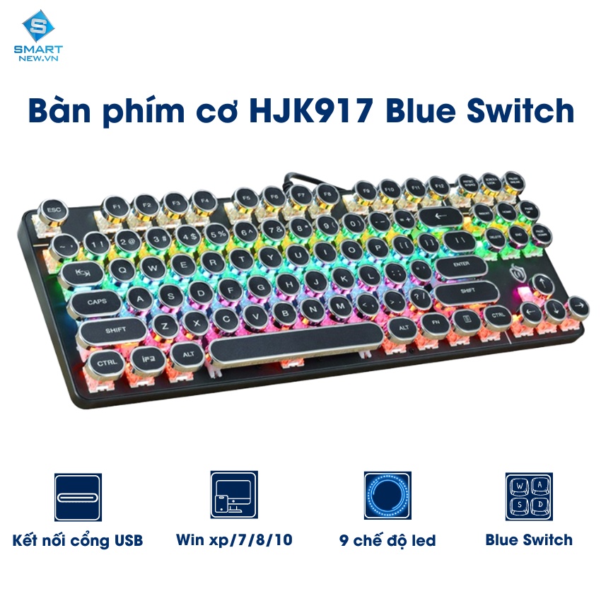 Bàn phím cơ Gaming HJK917 Blue Switch Chống nước Có LED Phong Cách Cổ Điển