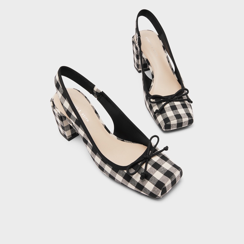 Giày Sandal Gót Dày Mũi Vuông Đính Nơ Sọc Ca Rô Thời Trang Xuân Hè 2023 Cho Nữ