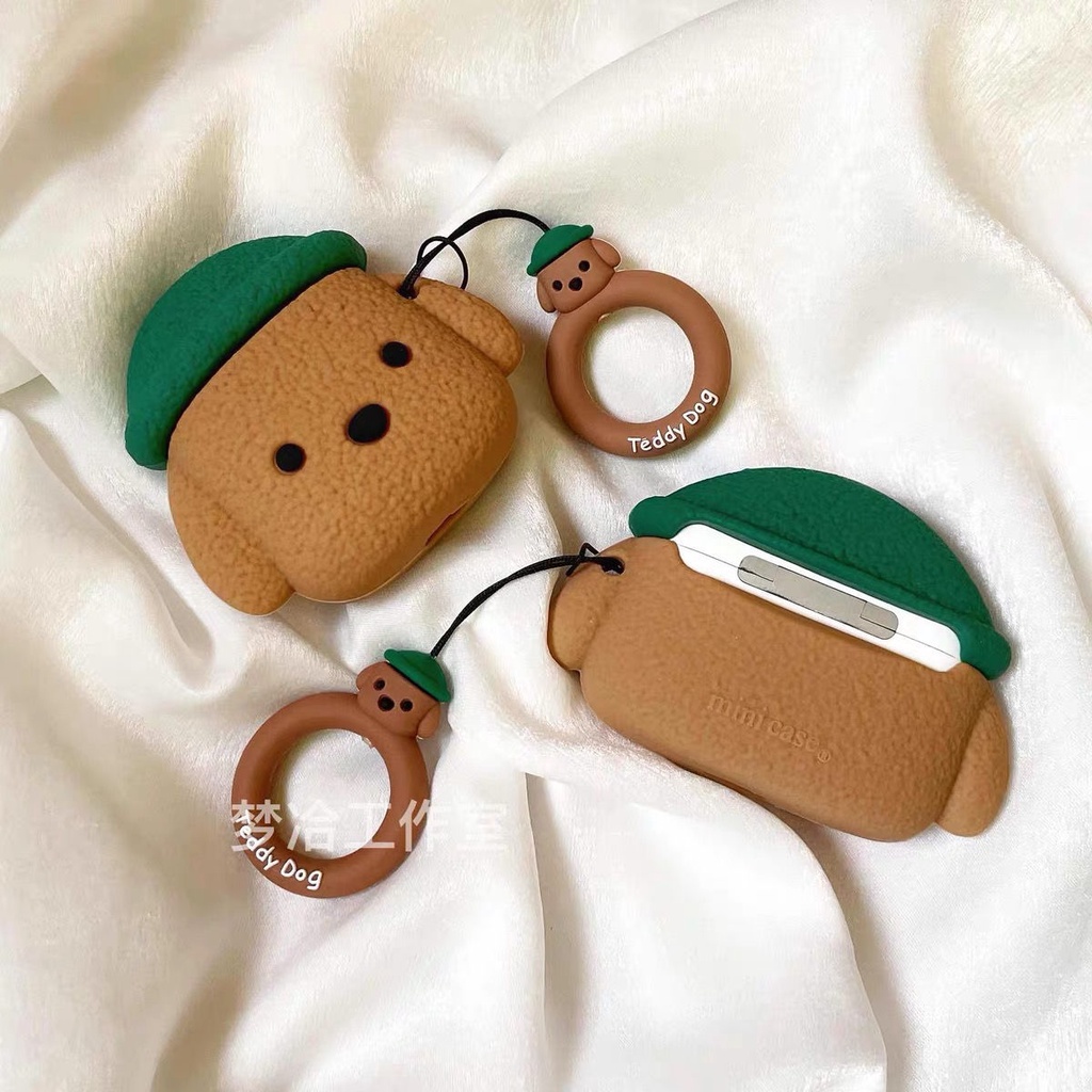 Vỏ Bảo Vệ Hộp Sạc Tai Nghe Bluetooth AirPods 1 / 2 / Pro Gắn Móc Khóa Hình Chú Chó Teddy Màu Hồng Dễ Thương