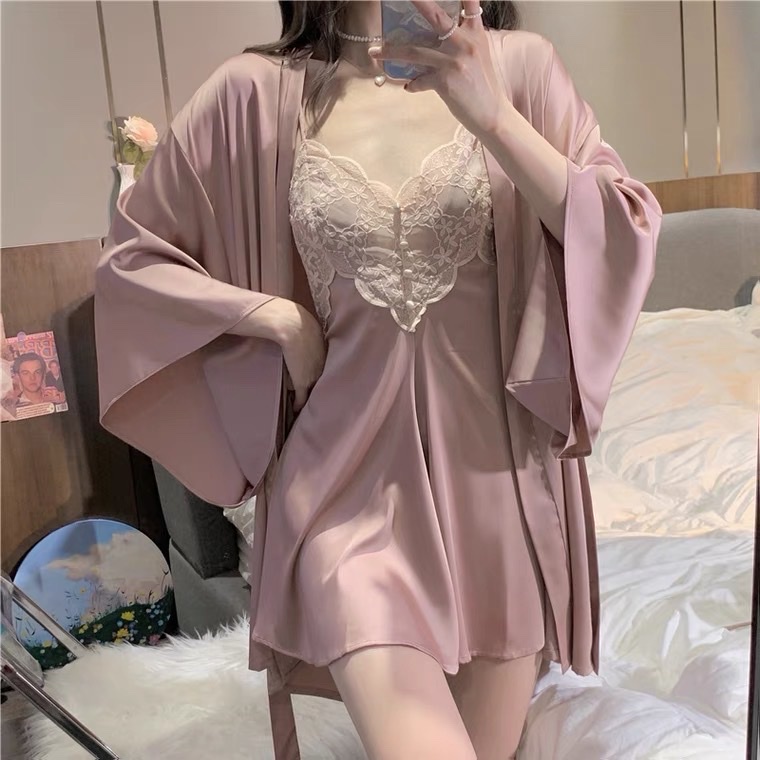 Váy ngủ lụa lạnh cổ V phối ren ngực gợi cảm kèm choàng sexy THE CELYNBRA - V40 | BigBuy360 - bigbuy360.vn