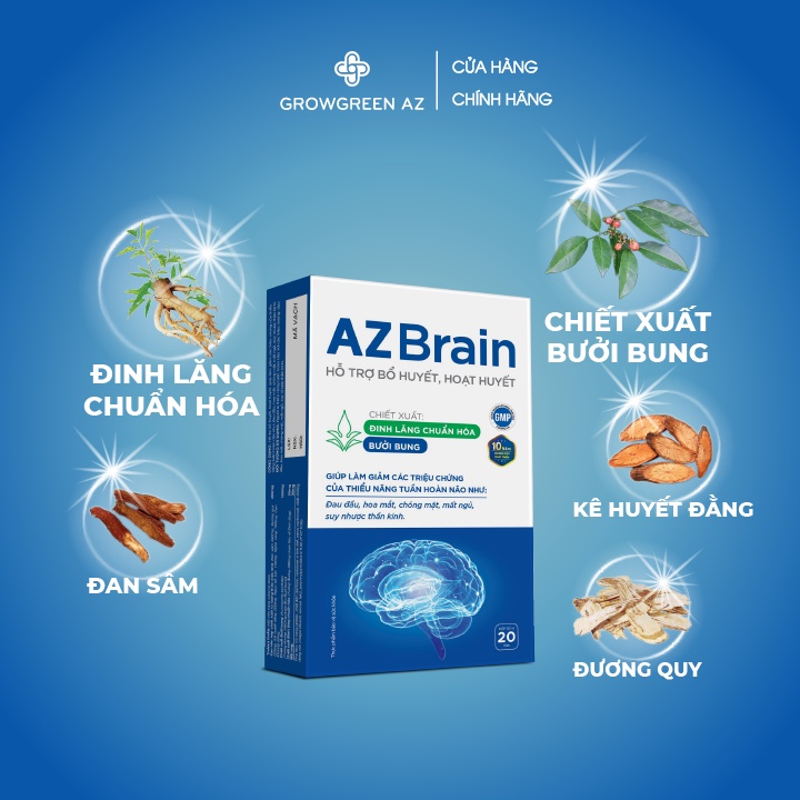 Hoạt huyết dưỡng não AZBrain-GrowGreenAz Giảm Đau Đầu, Mất Ngủ, Suy Nhược Thần Kinh, Tăng Tuần Hoàn Máu Não