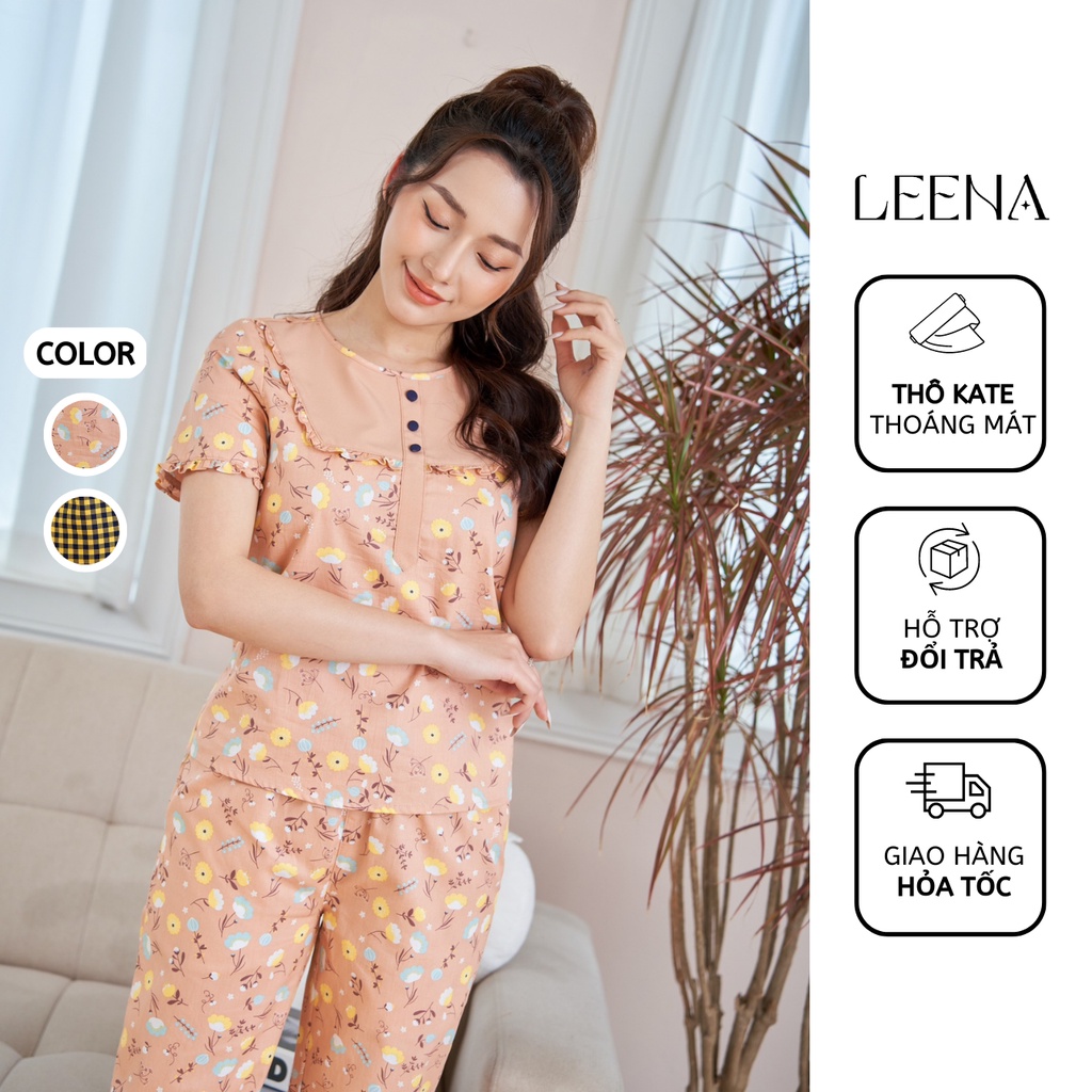 Bộ Ngủ Đồ Bộ Mặc Nhà Vải Thô Kate Dáng Áo Cộc Quần Dài Cổ Tròn Vải Thoáng Mát Thấm Hút Mồ Hôi Leena Homwear 23T201+02