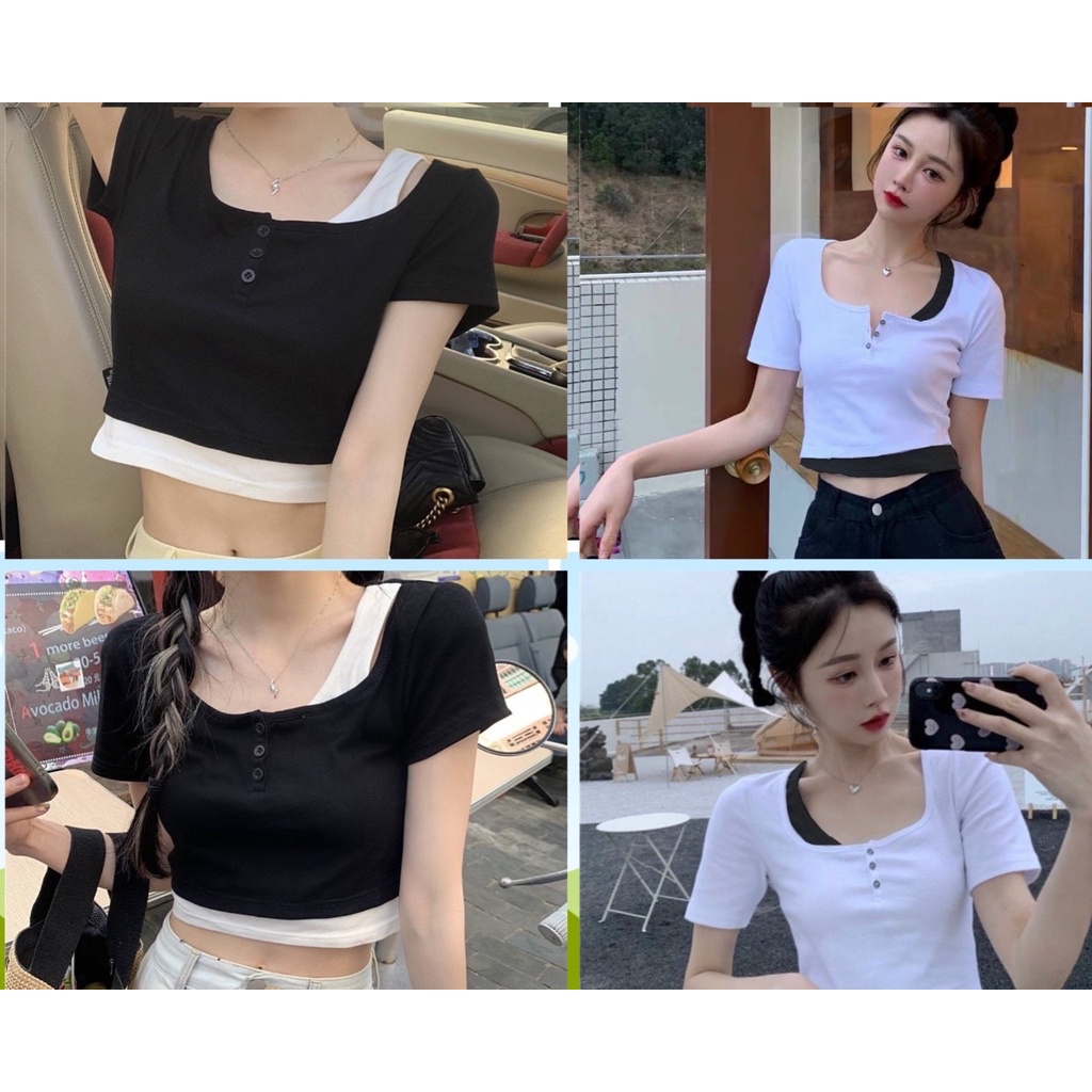 Áo thun tay ngắn hai lớp áo phong cách Hàn Quốc cho nữ