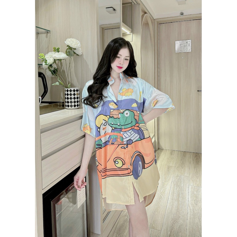 Đầm ngủ sơmi in hình hoạt hình so cute chất lụa xước - Váy ngủ nữ Freesize
