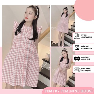 Đầm Caro Suông, váy kẻ suông, váy kẻ xinh phom suông, đầm caro xếp nhún