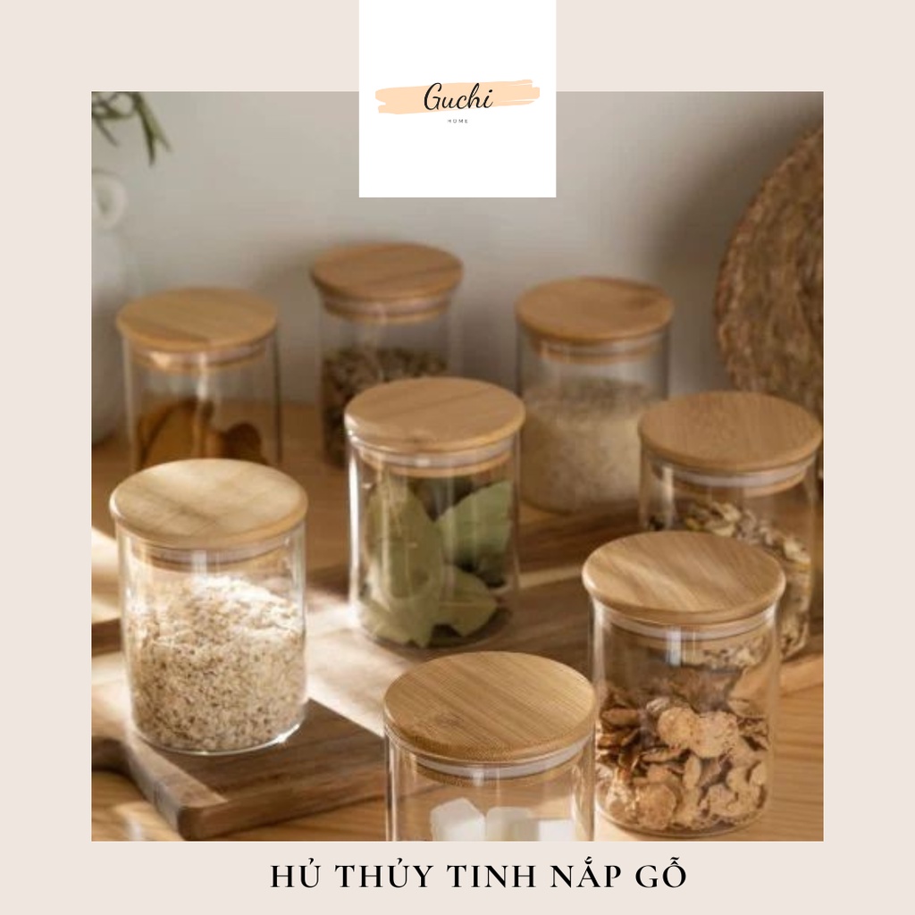 Hũ đựng thực phẩm bằng thủy tinh có nắp đậy bằng gỗ nhiều dung tích 150ml, 270ml , 380ml ,420ml, 560ml, - Guchi.store