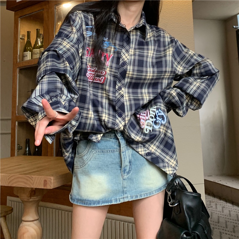 Áo tay dài Áo Sơ Mi Nữ Ca Rô Dài Tay Cổ Bẻ Thời Trang Hàn