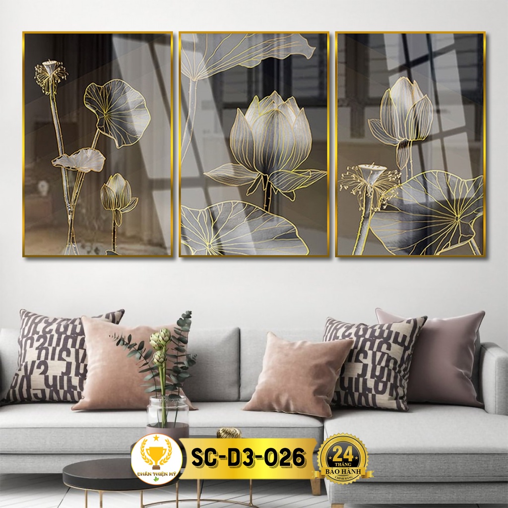 Tranh Treo Tường Decor Bộ 3 Hoa Sen Cá Chép Tráng Gương CHÂN THIỆN MỸ, Quà Tân Gia, Trang Trí Phòng Khách SC-D3-026