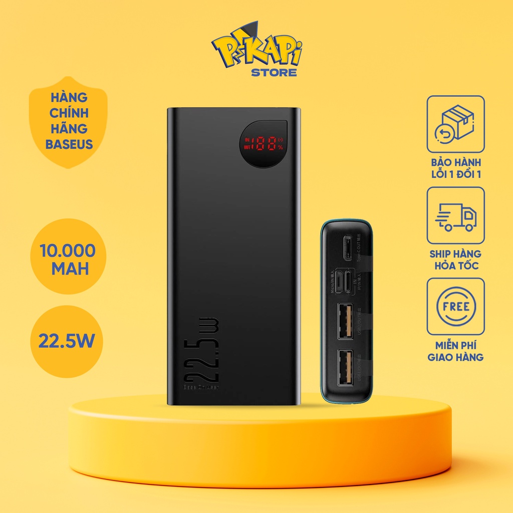 Pin sạc dự phòng 10000mAh Baseus Adaman công suất 22.5W: màn LED hiển thị %pin, vỏ kim loại, BH 12 tháng 1 đổi 1