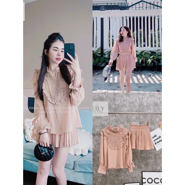 (Ảnh thật) Set áo sơ mi cổ bèo kèm chân váy xếp ly chất lụa mềm chuẩn form mẫu mặc