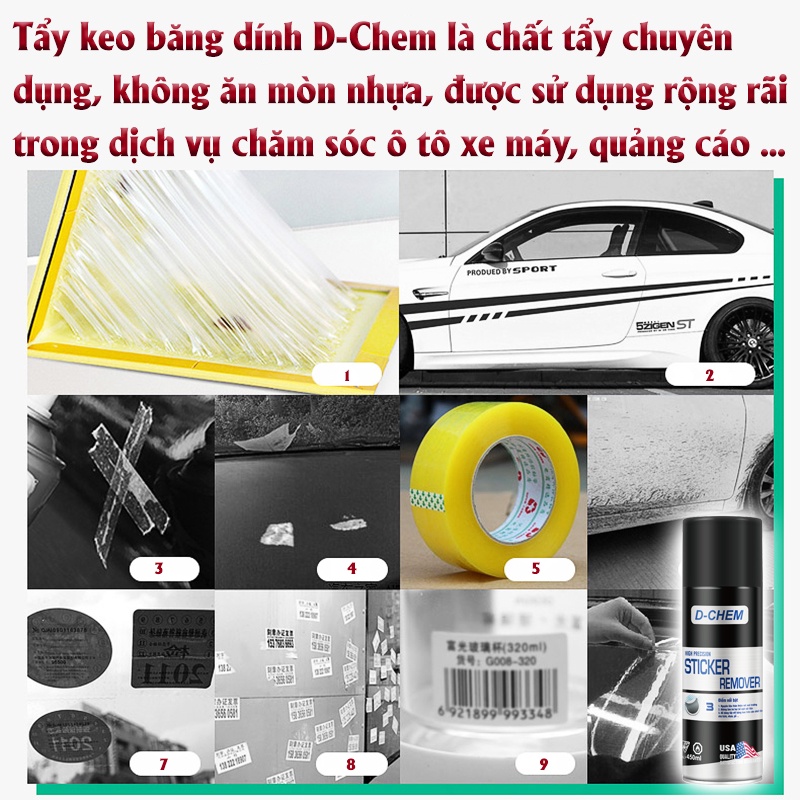 Tẩy Keo Băng Dính, Decal Ô Tô Xe Máy D-Chem Trên Đồ Nhựa, Kính, Ô tô, Nội Thất Chai 450ml