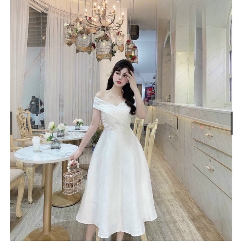 Đầm xòe dáng dài, Đầm thiết kế trễ vai xếp ly cao cấp