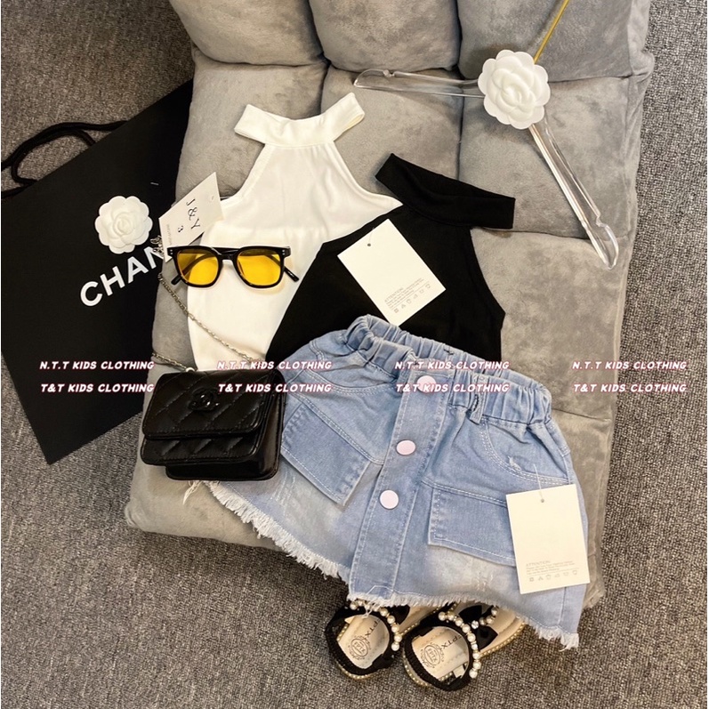 Bg111- bộ áo cổ yếm chân váy bò xanh cho bé