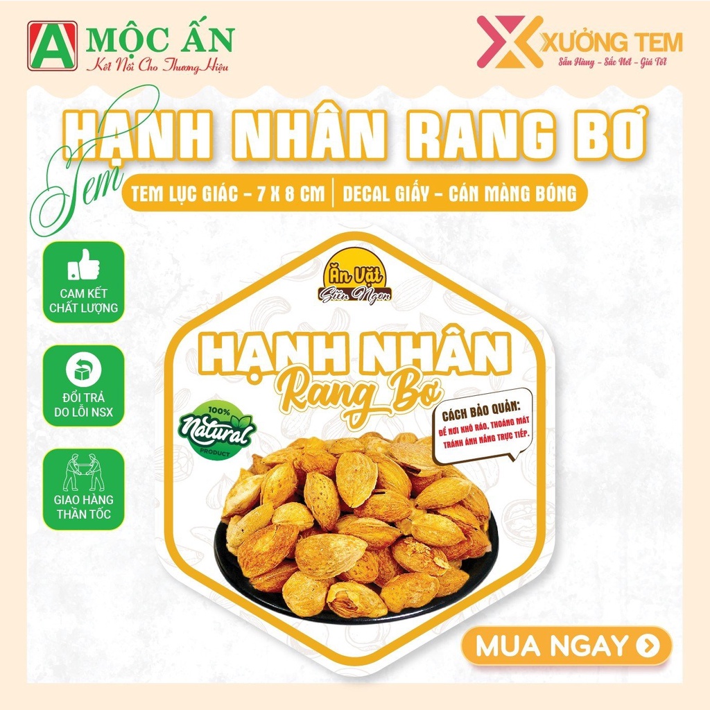 Tem Dán, Nhãn Dán Sản Phẩm "Hạnh Nhân Rang Bơ" Sticker In Sẵn, Sáng Bóng Đẹp